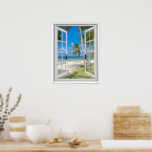 Poster Palmiers tropicaux Plage Océan Vue Fake Fenêtre (Cuisine)