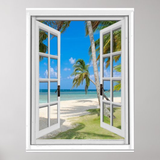 Poster Palmiers tropicaux Plage Océan Vue Fake Fenêtre (Devant)