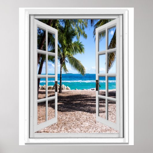 Poster Palmiers tropicaux sur la plage Vue océan Fenêtre (Devant)