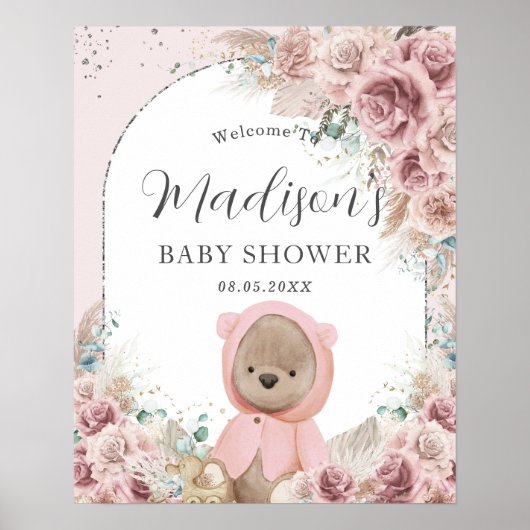 Poster Pampas Grass Blush Floral Cute Teddy Bear Arche (Devant)