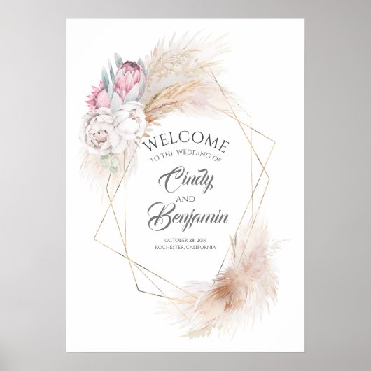 Poster Pampas Grass Rose King Protea Chic Mariage Bienven (Devant)