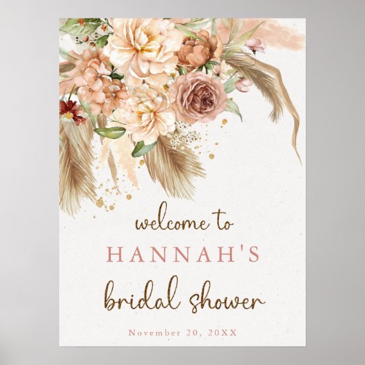 Poster Pampas herbe boho rose signe de bienvenue (Devant)