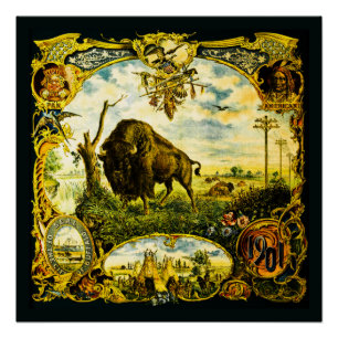 Poster Pan Am Expo avec motifs de bisons et amérindiens