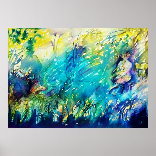 POSTER PAN JOUER FLUTE ET CERF EN BOIS VERT (Devant)