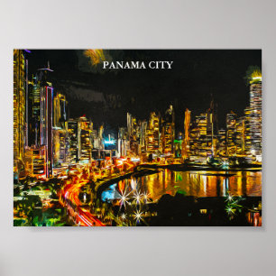 Poster Panama City By Night Aquarelle Peinture Skyline