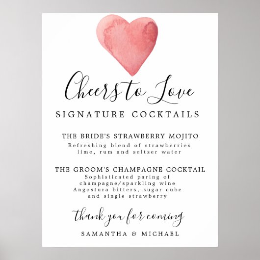 Poster Pancarte de bar de mariage pour cocktails Red Hear (Devant)