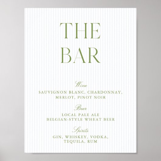 Poster Pancarte de bar numérique de mariage rayée de vert (Devant)