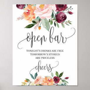 Poster Pancarte de bar ouvert floral orange bordeaux Boho