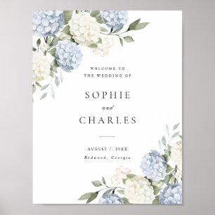 Poster Pancarte de bienvenue de mariage à l'hydrangea ble