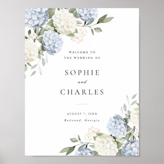 Poster Pancarte de bienvenue de mariage à l'hydrangea ble (Devant)