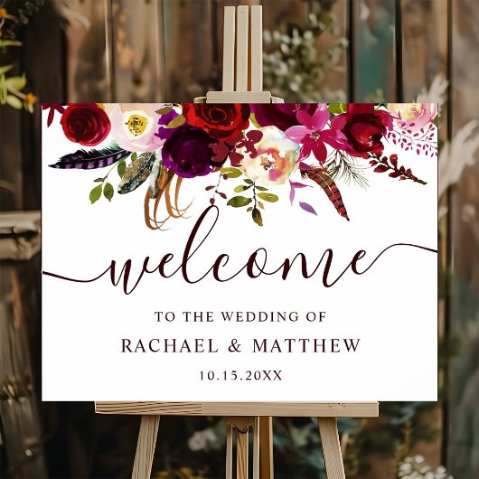 Poster Pancarte de bienvenue de mariage floral Boho Bourg