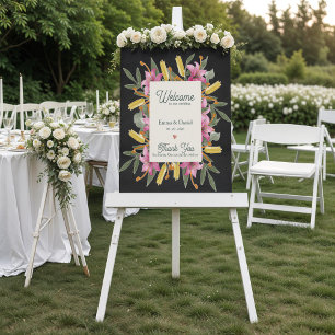 Poster Pancarte de bienvenue de mariage floral noir Lily