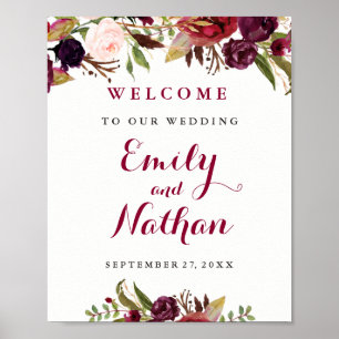 Poster Pancarte de bienvenue de mariage floral rouge burg