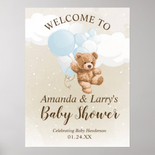 Poster Pancarte de bienvenue Ourson avec ballons bleus
