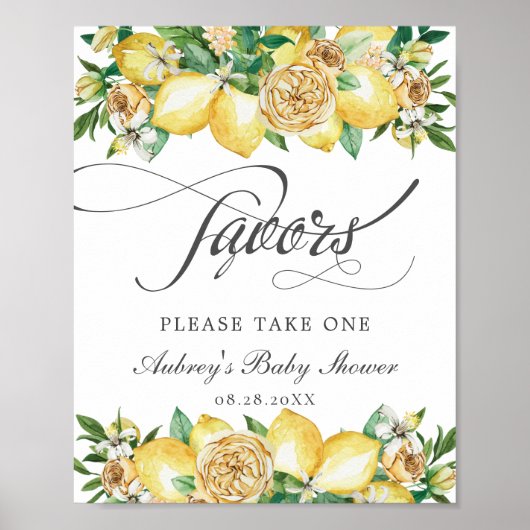 Poster Pancarte de Favors Floral Citron Chic Bébé Mariage (Devant)