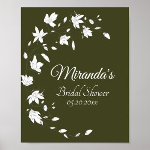 Poster Pancarte de fête prénuptiale florale verte et blan