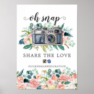 Poster Pancarte de hashtag de mariage floral d'été rougis