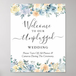 Poster Pancarte de mariage débranchée Fleurs Bleues Pêche