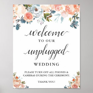 Poster Pancarte de mariage Floral Corail Pêche Sans Télép