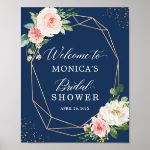 Poster Pancarte de mariage floral rose Navy Blue Blush