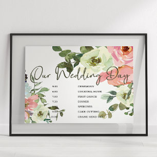 Poster Pancarte de mariage florale rose blush coquille d'