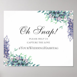 Poster Pancarte de mariage. Hashtag instagram floral viol