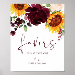 Poster Pancarte de Mariage Tournesols Roses Bourgogne Rou