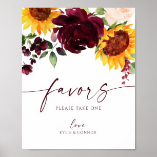 Poster Pancarte de Mariage Tournesols Roses Bourgogne Rou