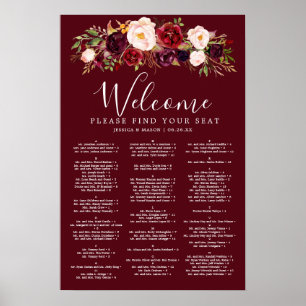 Poster Pancarte de plan de table de mariage Boho Burgundy