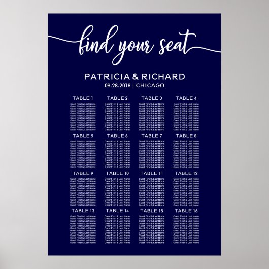 Poster Pancarte de plan de table de mariage Chic Bleu Nui (Devant)