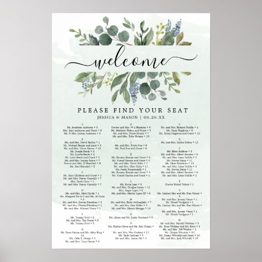 Poster Pancarte de plan de table de mariage Eucalyptus Bl (Devant)