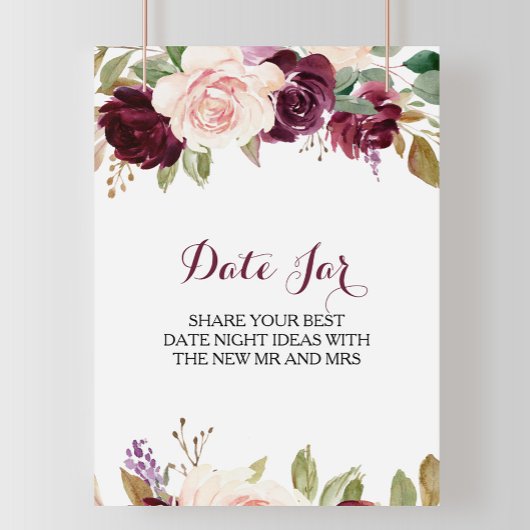 Poster Pancarte de pot de date floral de Bourgogne Blush