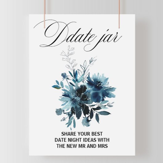Poster Pancarte de pot de date florale bleu marine célest