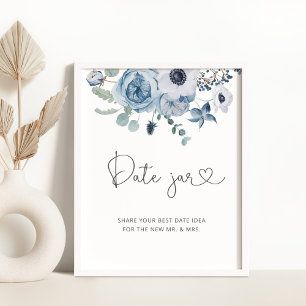 Poster Pancarte de pot de date florale bleu poussiéreux.