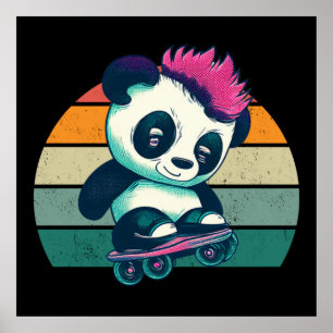 Poster Panda bébé mignonne avec mohawk   Panda de patinag