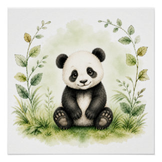 Poster Panda botanique mignon aquarelle faune sauvage