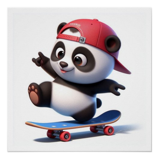 Poster Panda de dessin amusant sur skateboard (Devant)