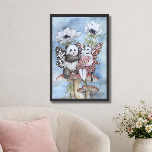 Poster Panda et Fée Chat Amis avec des Fleurs d'Anémone