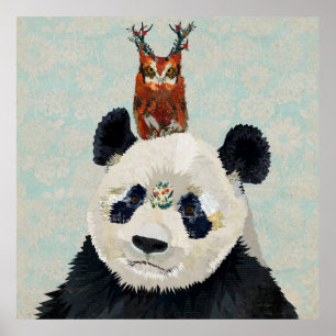 POSTER PANDA ET HIBOU FLORAL D'ANTLER
