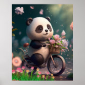 Poster Panda mignon à vélo avec des fleurs Art (Devant)