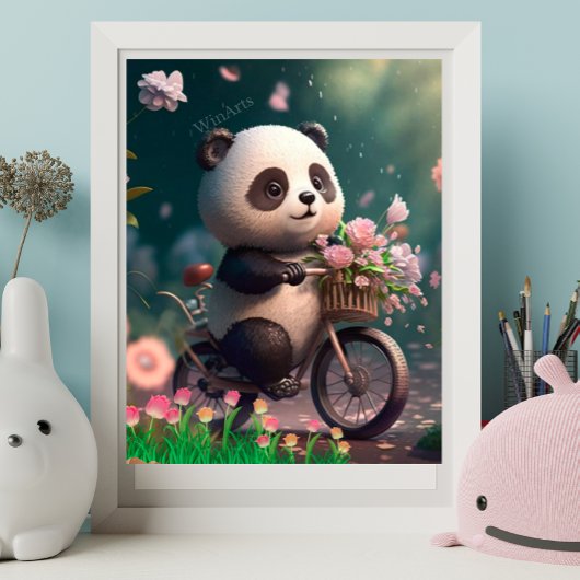 Poster Panda mignon à vélo avec des fleurs Art