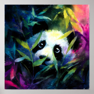 Poster Panda Peeking Bamboo Aquarelle