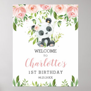 Poster Panda rose pâle vert fleuri Accueil