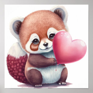 Poster Panda rouge avec coeur de ballon.