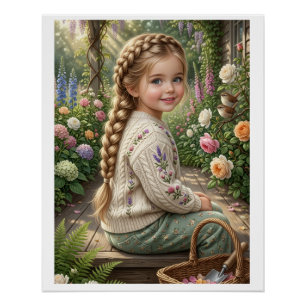 Poster Panier de fleurs de petite fille forêt printemps n