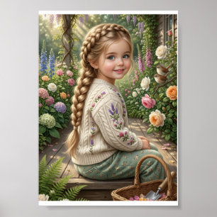 Poster Panier de fleurs de petite fille Forêt Printemps N