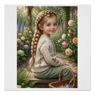 Poster Panier de fleurs de petite fille forêt printemps n