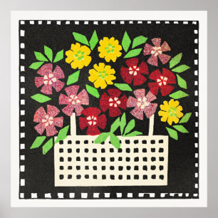 Poster Panier de fleurs, rouges et jaunes,