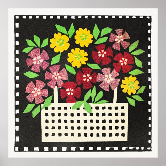 Poster Panier de fleurs, rouges et jaunes, (Devant)