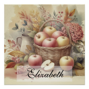Poster Panier de pommes sur la table aquarelle vintage